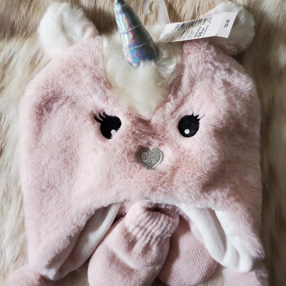 Baby Girls Faux Fur Unicorn Hat And Mittens Set